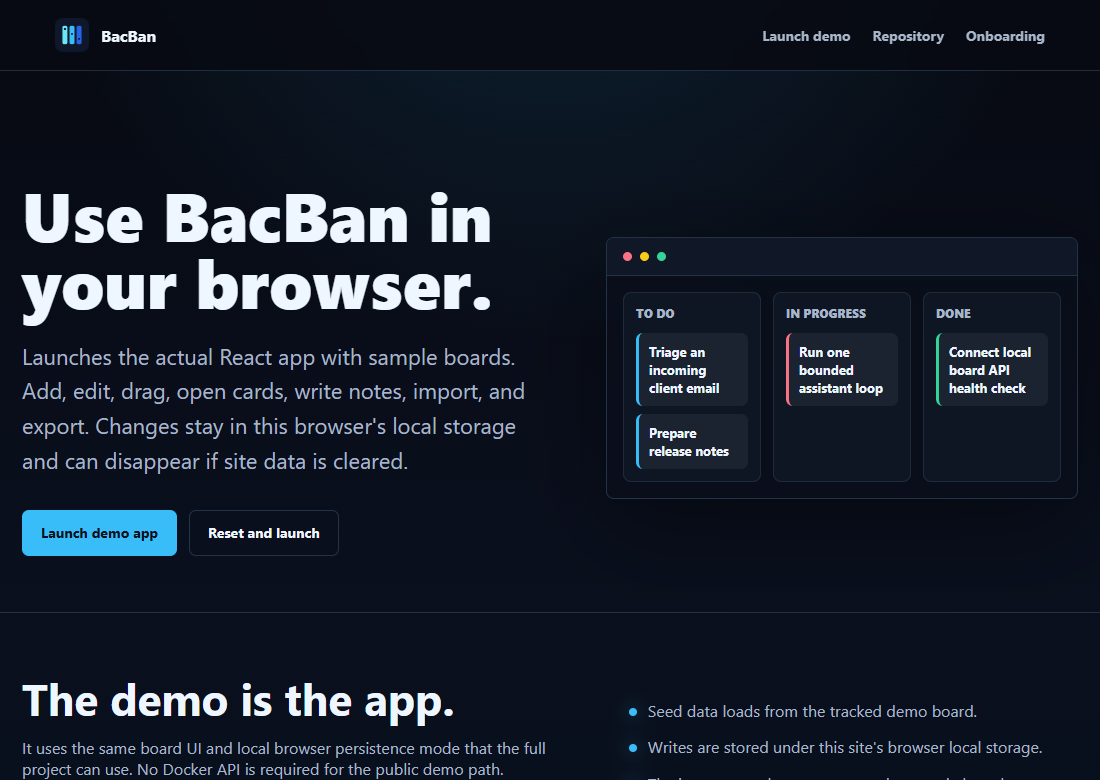 BacBan demo landing page showing a local-first kanban board preview.