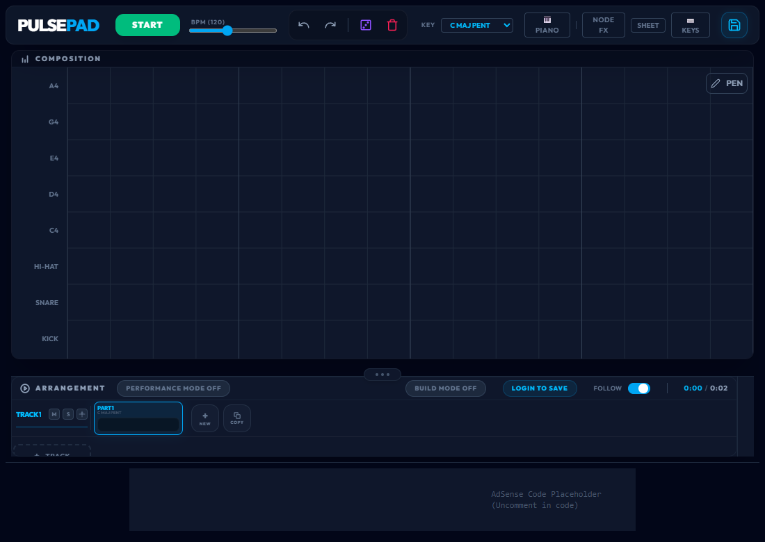 PulsePad music design interface with a sequencer grid and controls.